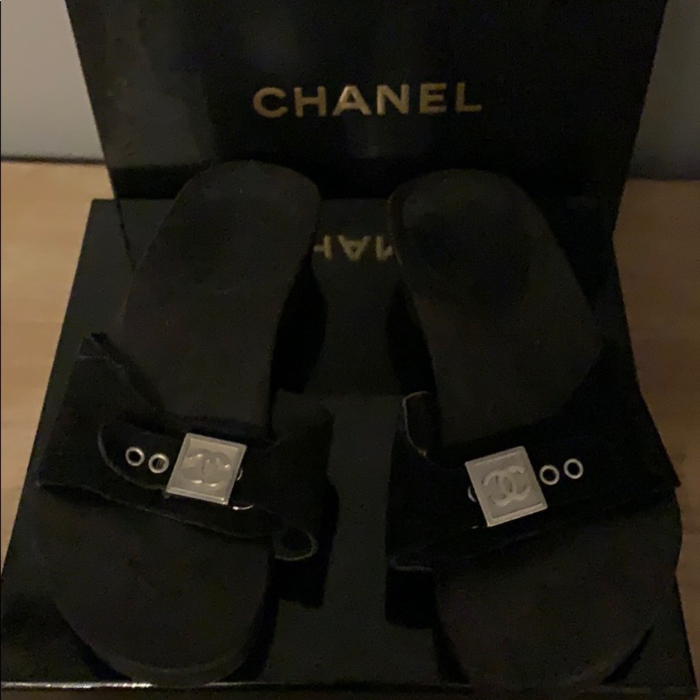 Chanel black suede studded wood sandals